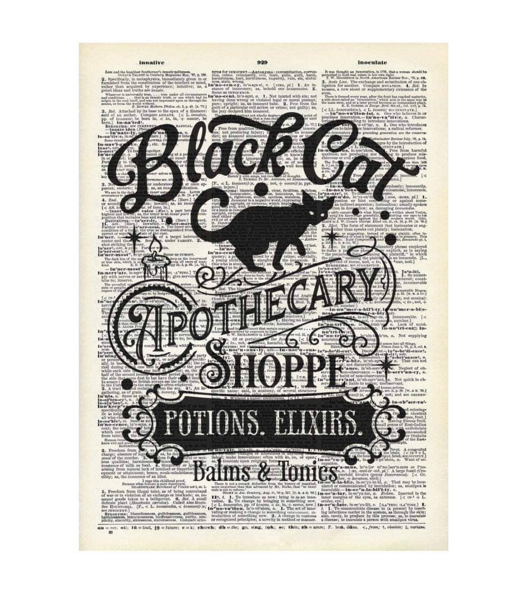 Black cat,  Magic, celestial, Vintage Dictionary Print: None