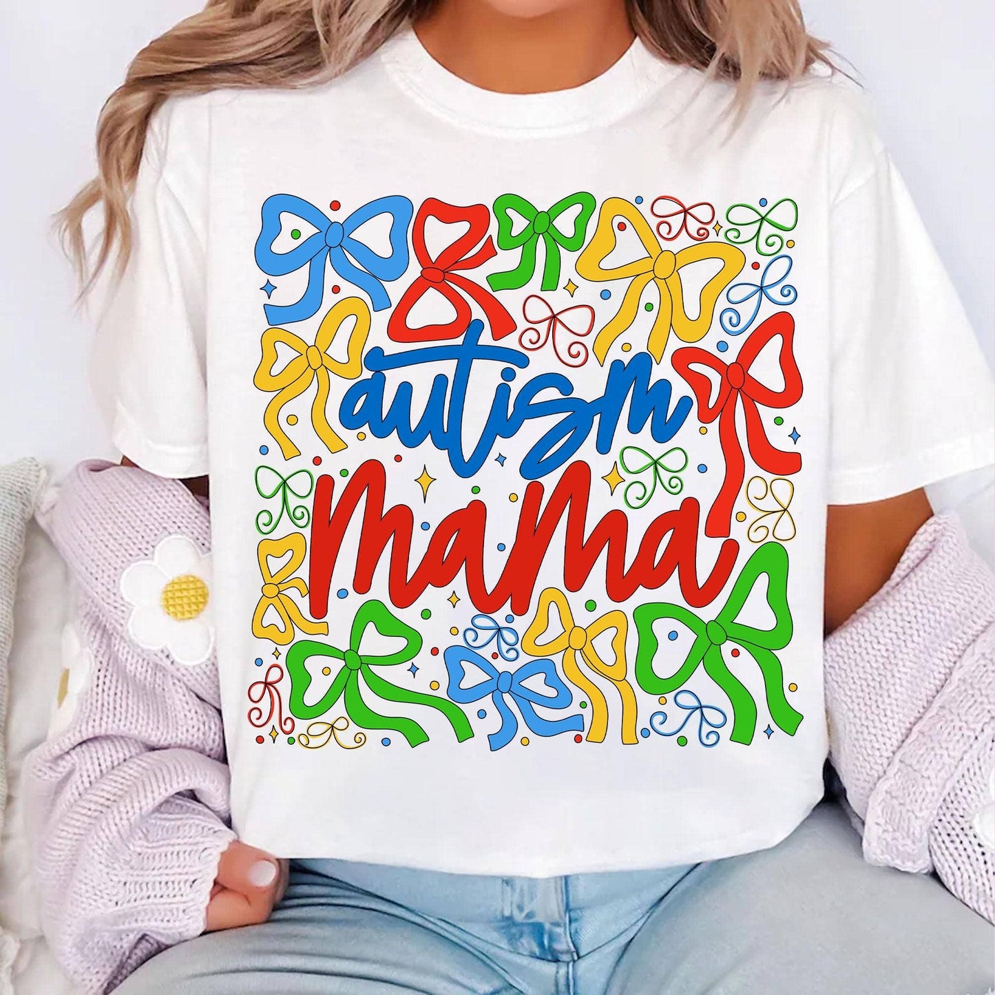 Autism Mom Coquette Bow Sweater, Autism Awareness Tee: White / L / T-Shirt